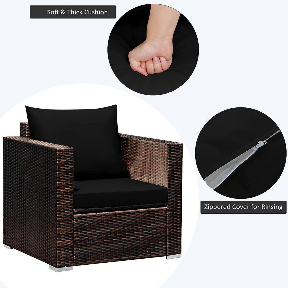 3-Piece Wicker Patio Conversation Set Sofa with Black Cushions