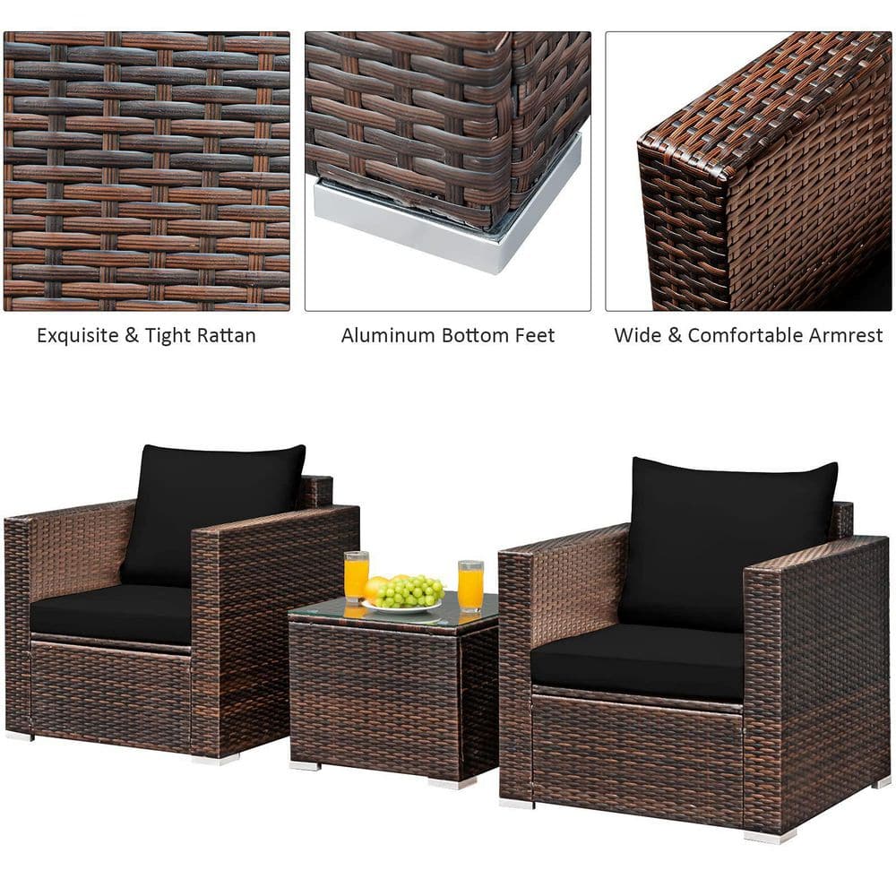 3-Piece Wicker Patio Conversation Set Sofa with Black Cushions