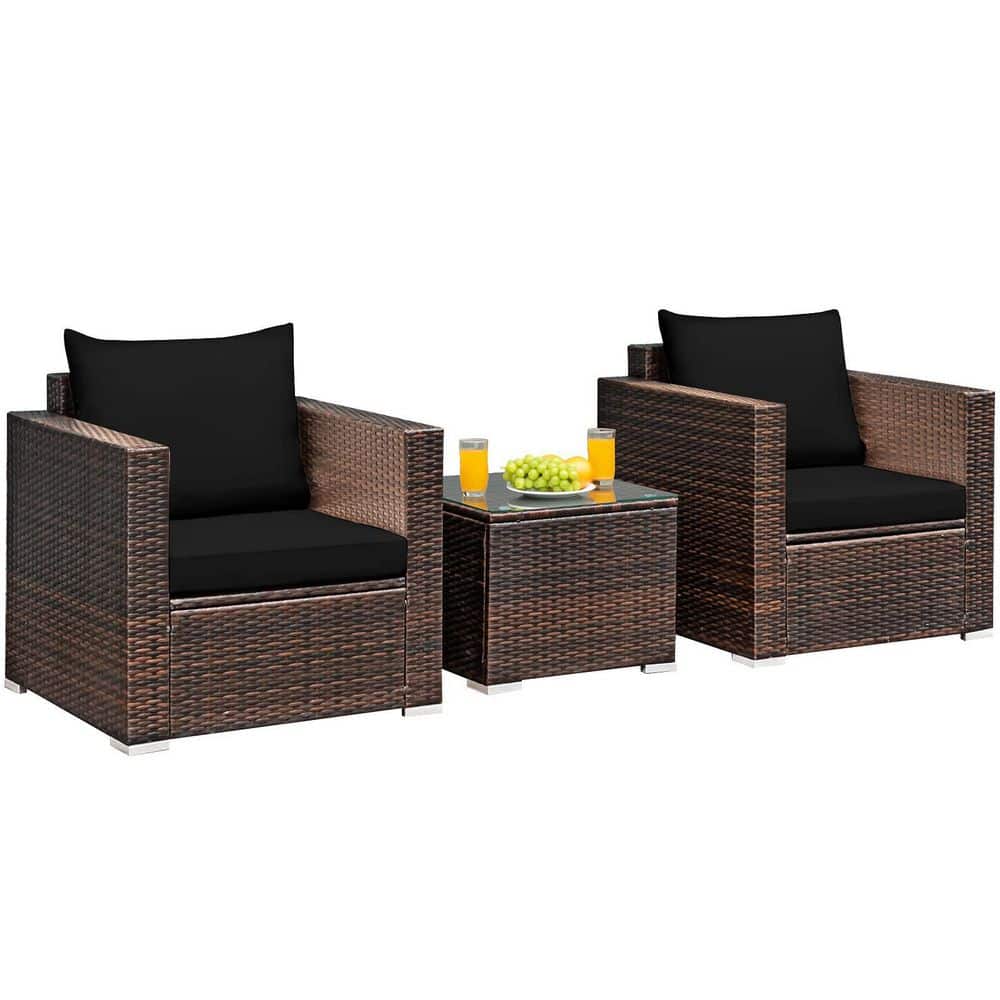 3-Piece Wicker Patio Conversation Set Sofa with Black Cushions