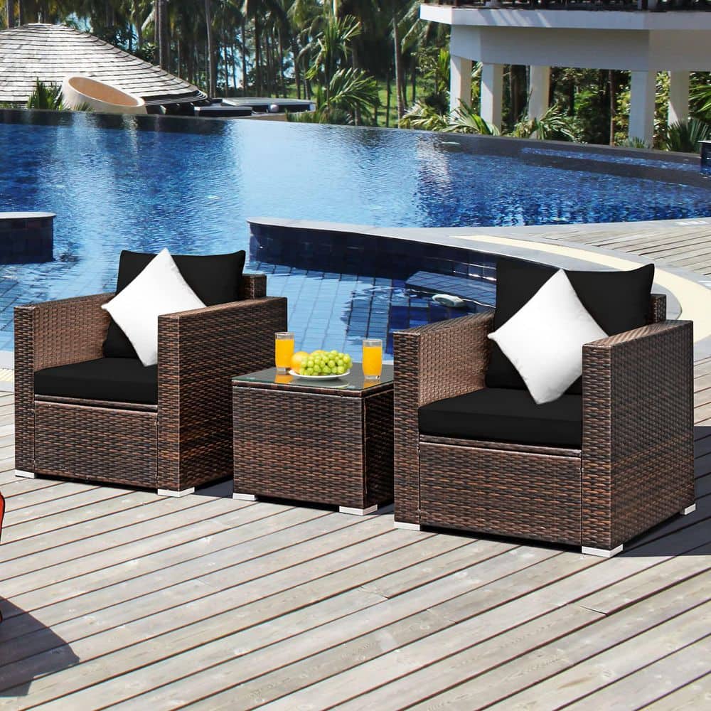 3-Piece Wicker Patio Conversation Set Sofa with Black Cushions