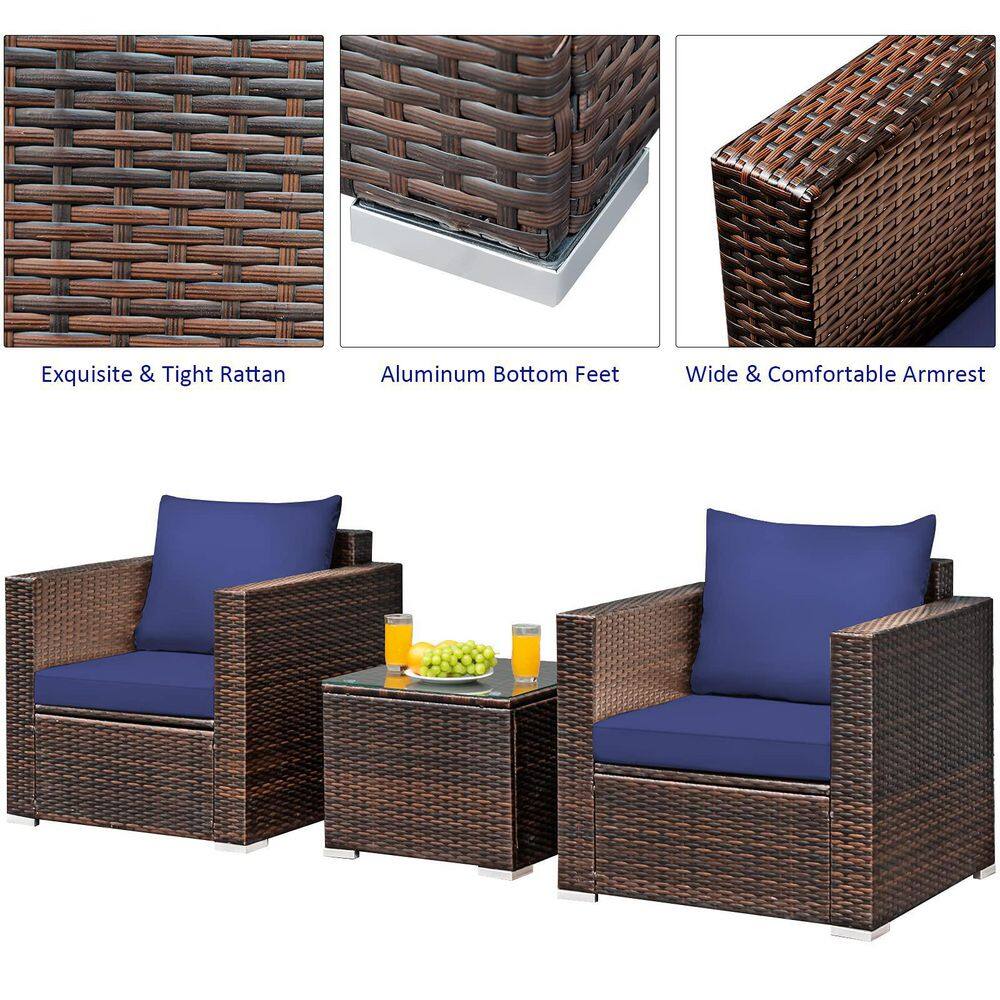 3-Piece Wicker Patio Conversation Set Sofa with Navy Blue Cushions