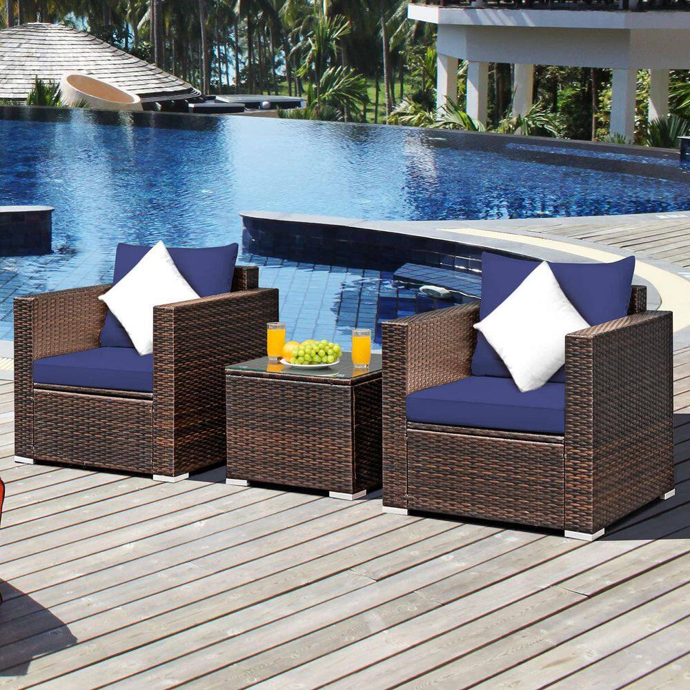 3-Piece Wicker Patio Conversation Set Sofa with Navy Blue Cushions