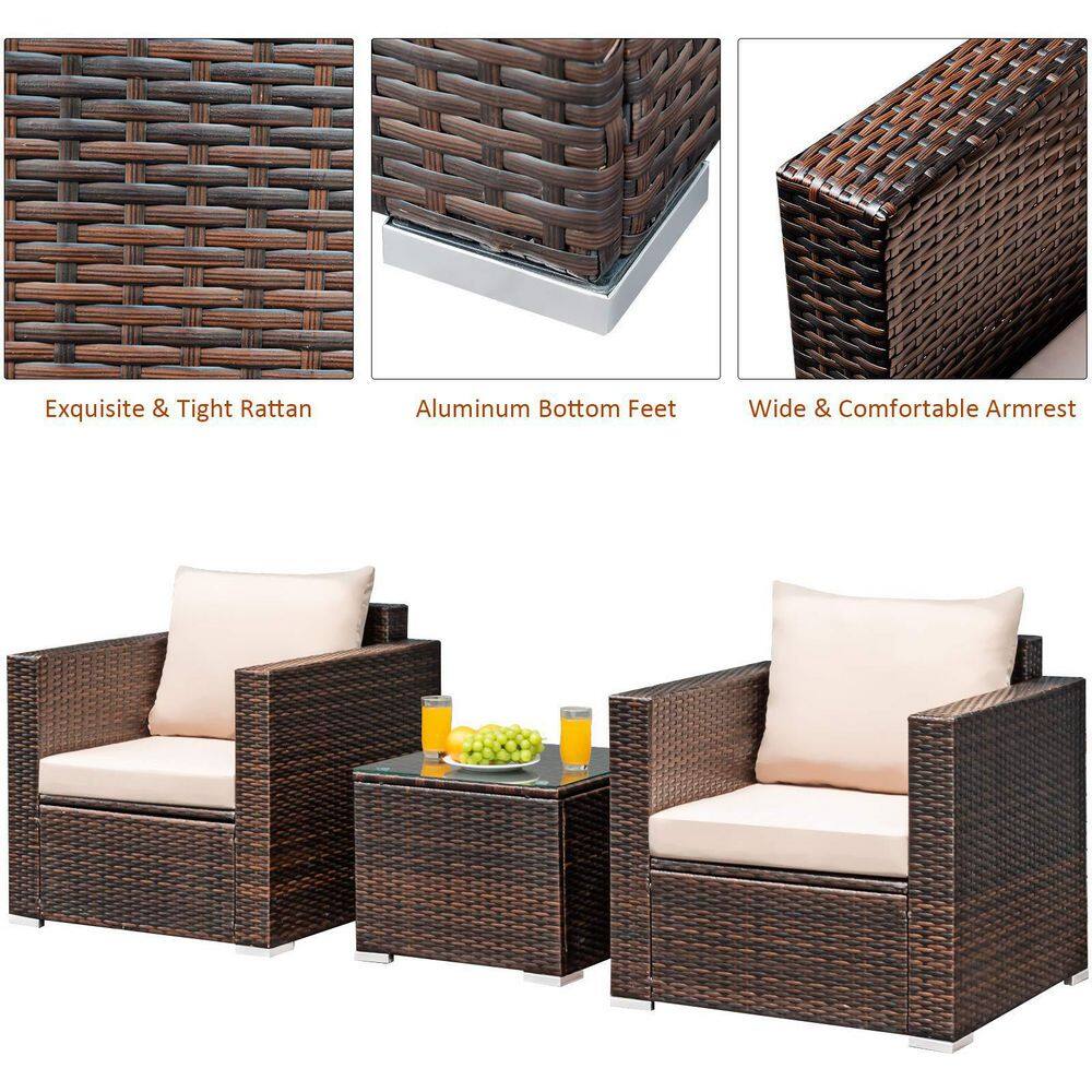3-Piece Wicker Patio Conversation Set Sofa with Beige Cushions