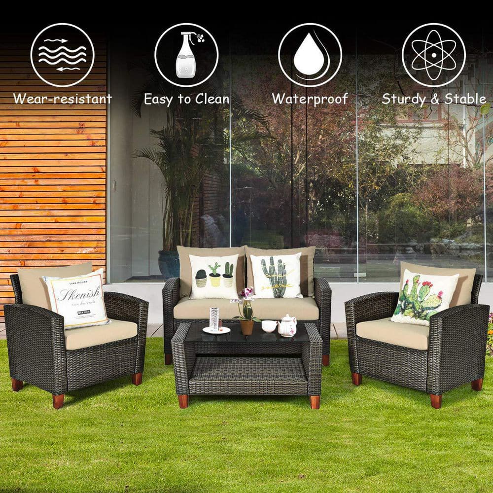 4-Piece Wicker Patio Conversation Set with Beige Cushions