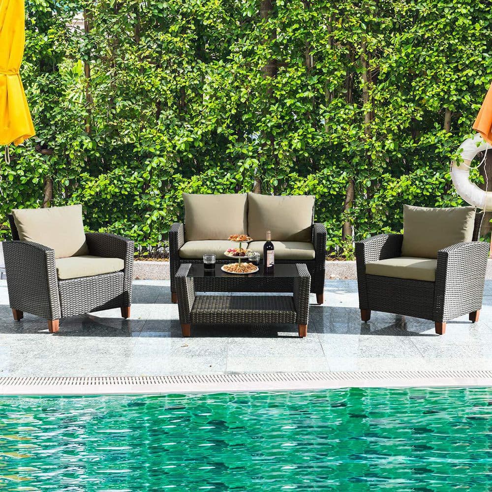 4-Piece Wicker Patio Conversation Set with Beige Cushions