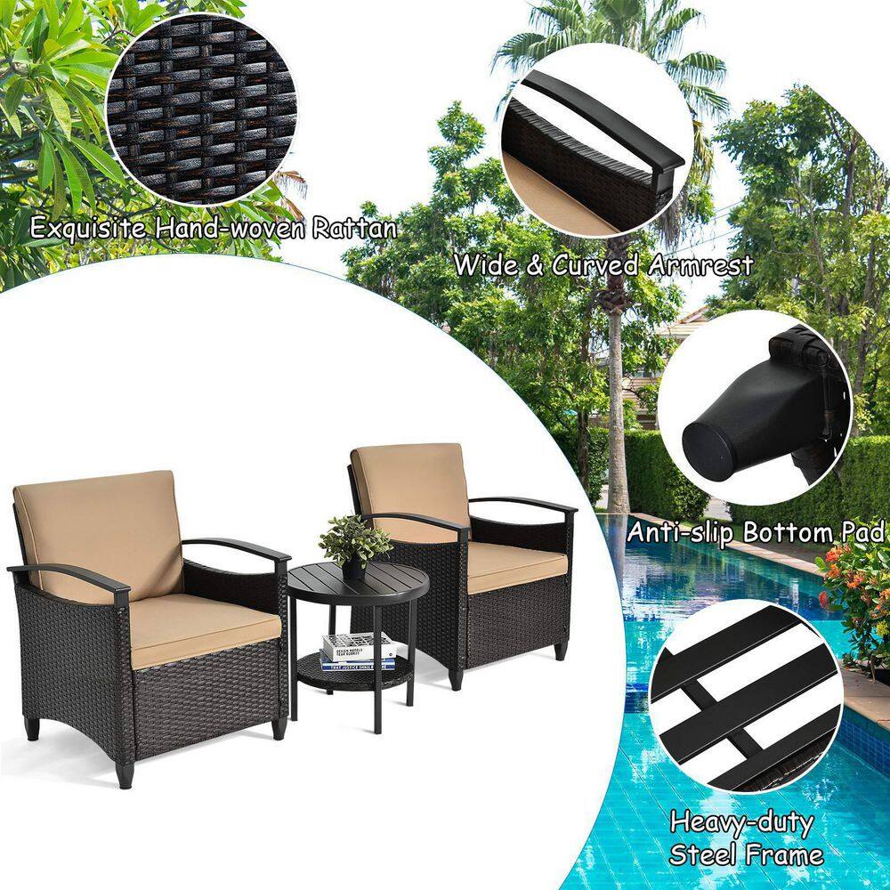3-Piece Wicker Outdoor Patio Conversation Set with Beige Cushions