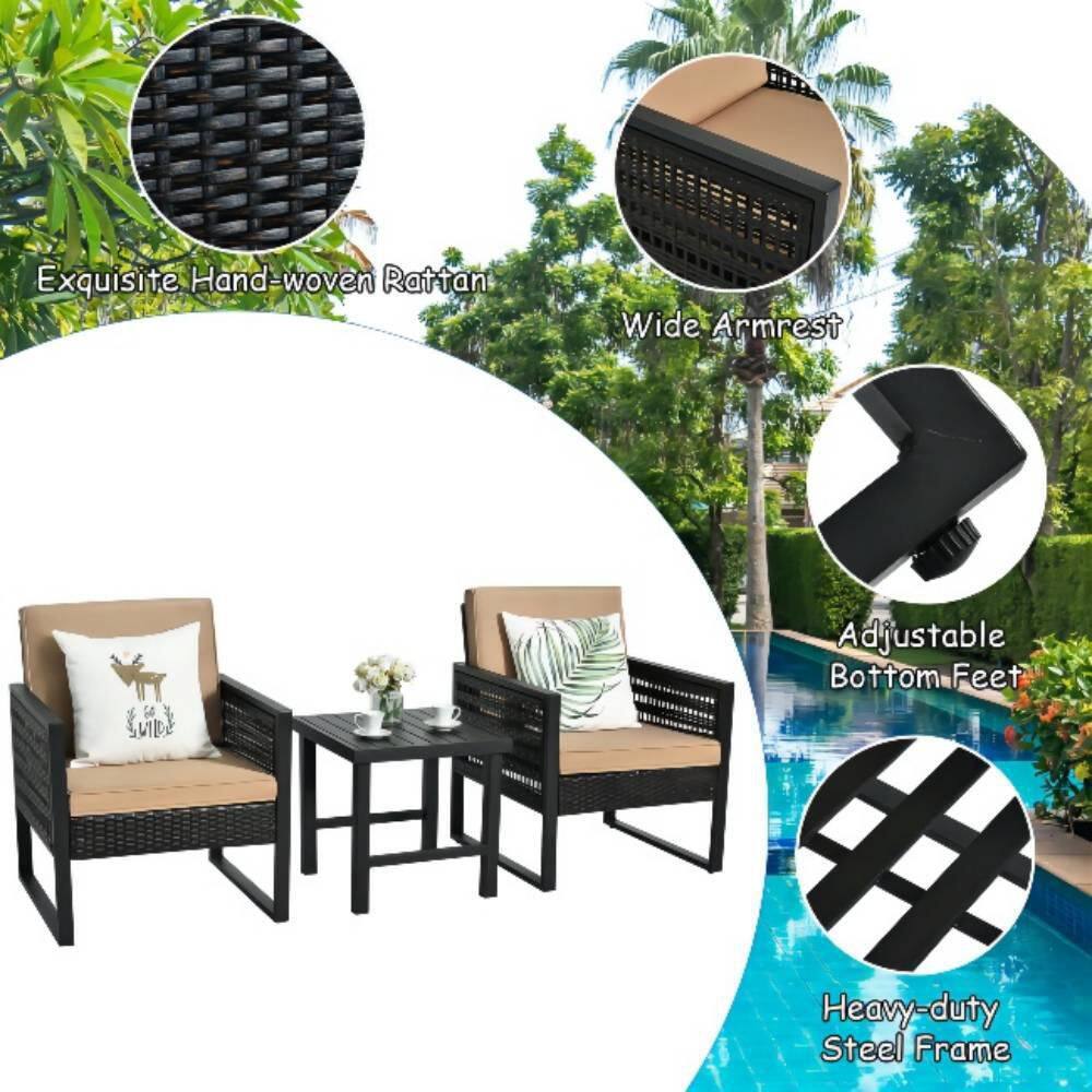 3-Piece Wicker Patio Conversation Set with Beige Cushions