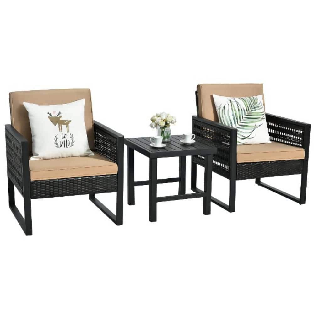 3-Piece Wicker Patio Conversation Set with Beige Cushions