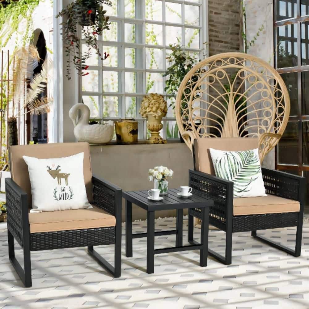 3-Piece Wicker Patio Conversation Set with Beige Cushions