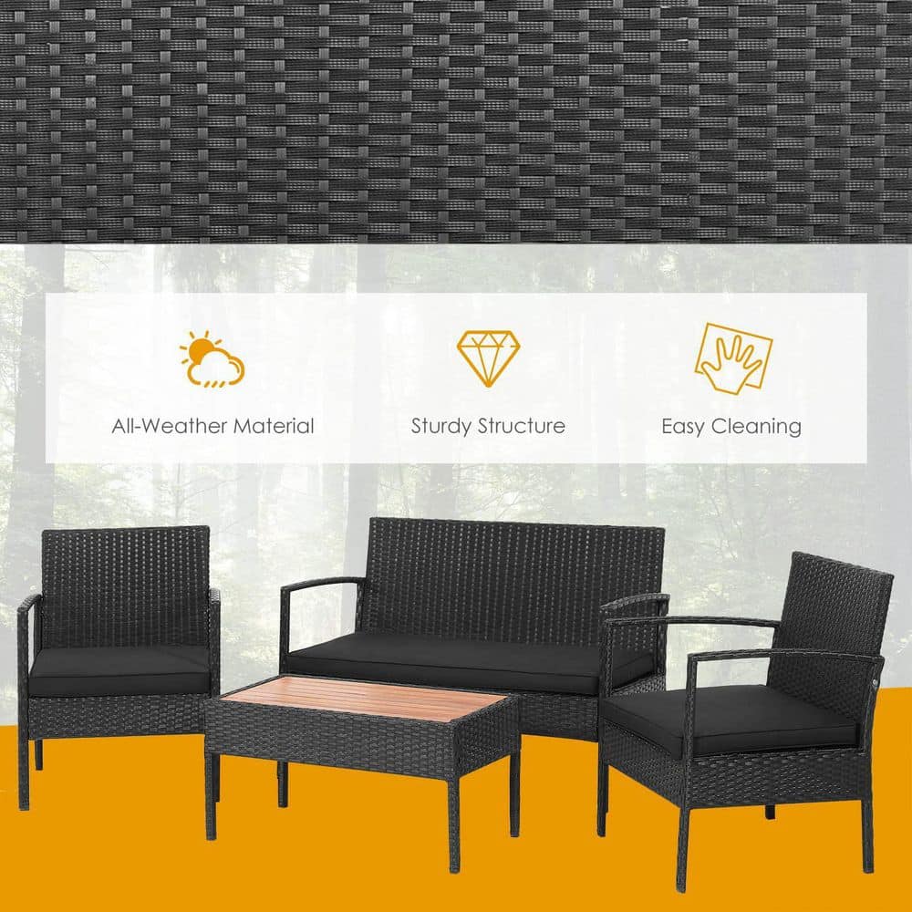4-Piece Wicker Patio Conversation Seating Set with Wooden Tabletop and Black Cushions