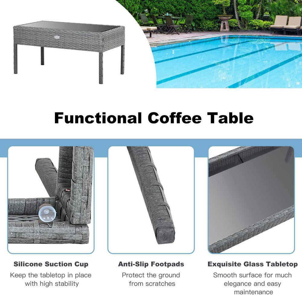 4-Pieces Wicker Outdoor Patio Conversation Set with Coffee Table and Gray Cushions