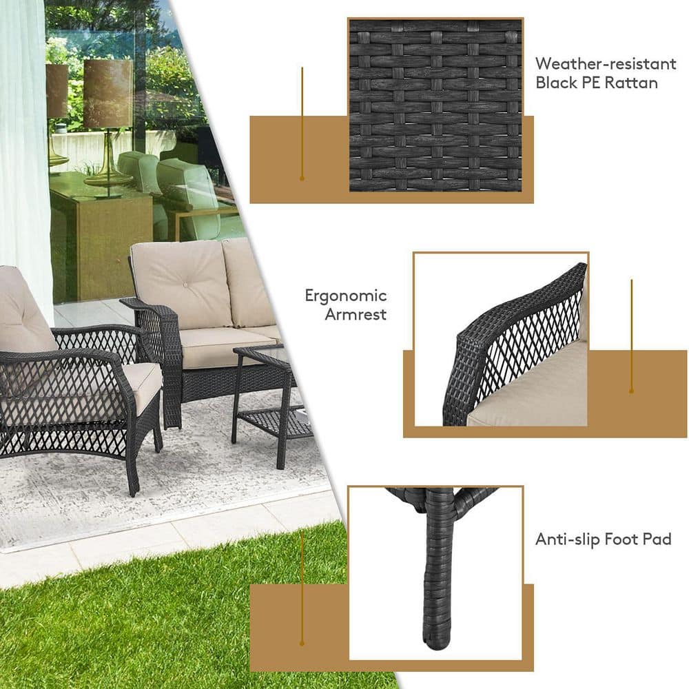 Gray 4-Piece Wicker Patio Conversation Set with Beige Cushions