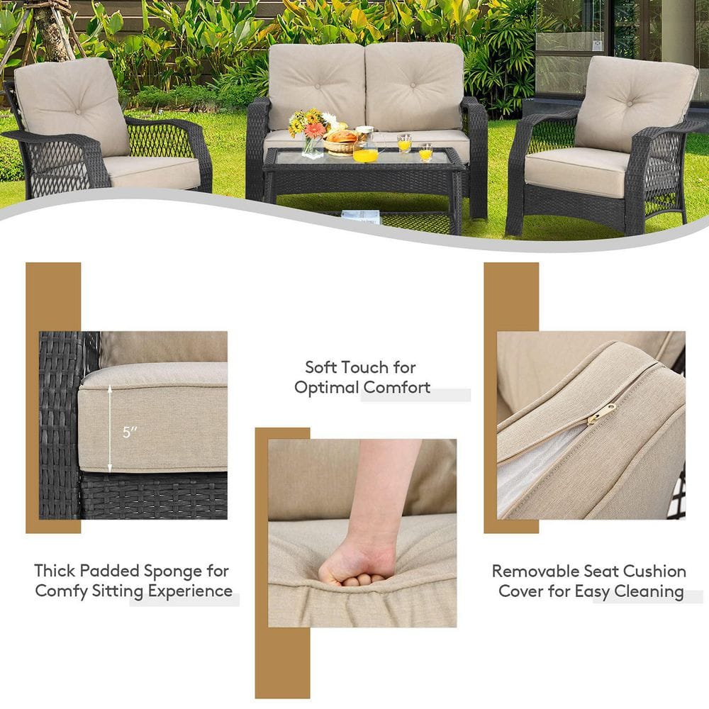 Gray 4-Piece Wicker Patio Conversation Set with Beige Cushions