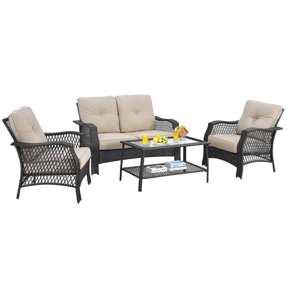 Gray 4-Piece Wicker Patio Conversation Set with Beige Cushions