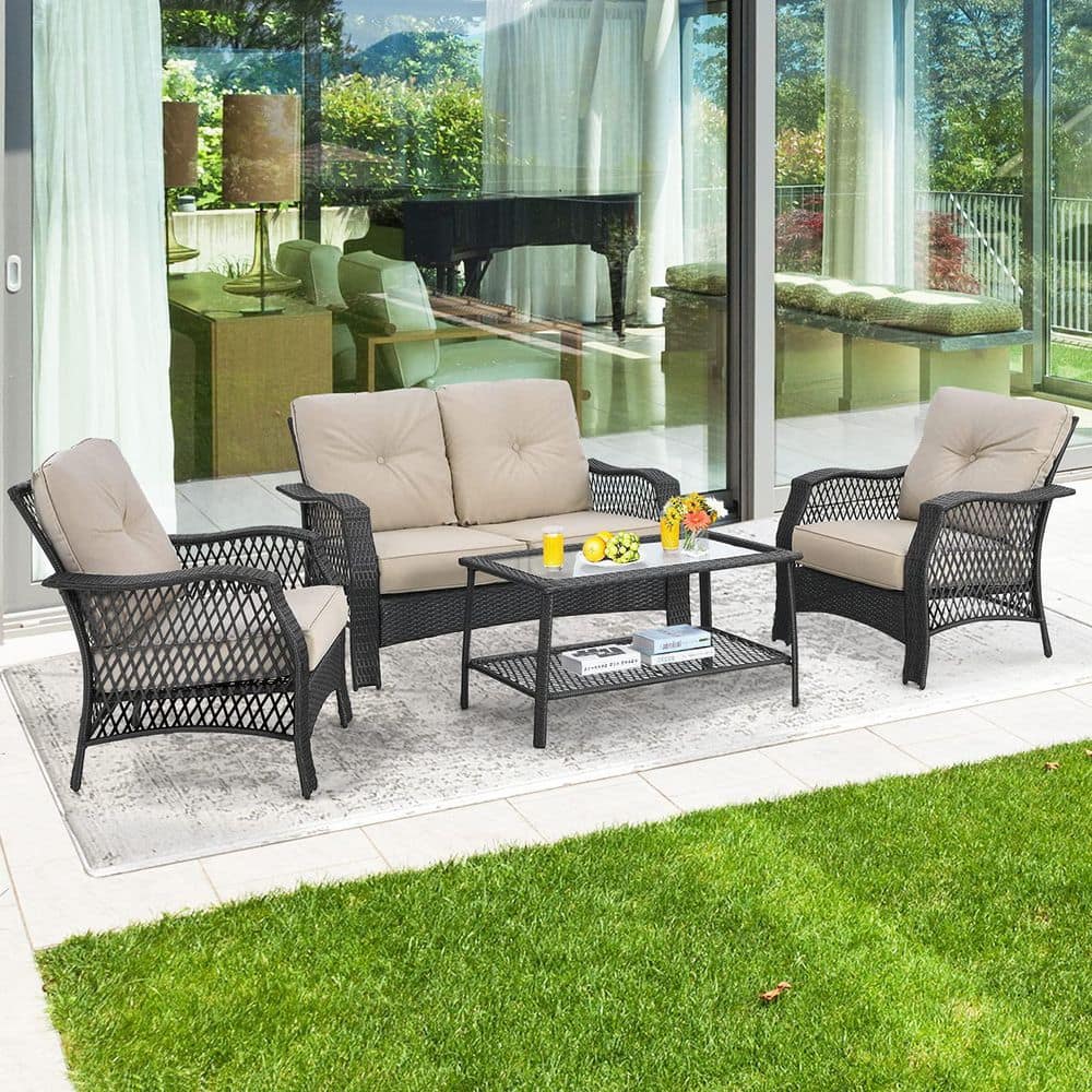 Gray 4-Piece Wicker Patio Conversation Set with Beige Cushions