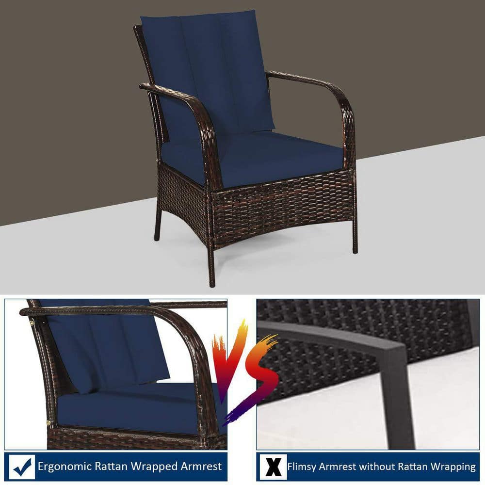 Mix Brown 3-Piece Rattan Wicker Outdoor Furniture Patio Conversation Set with Navy Cushions