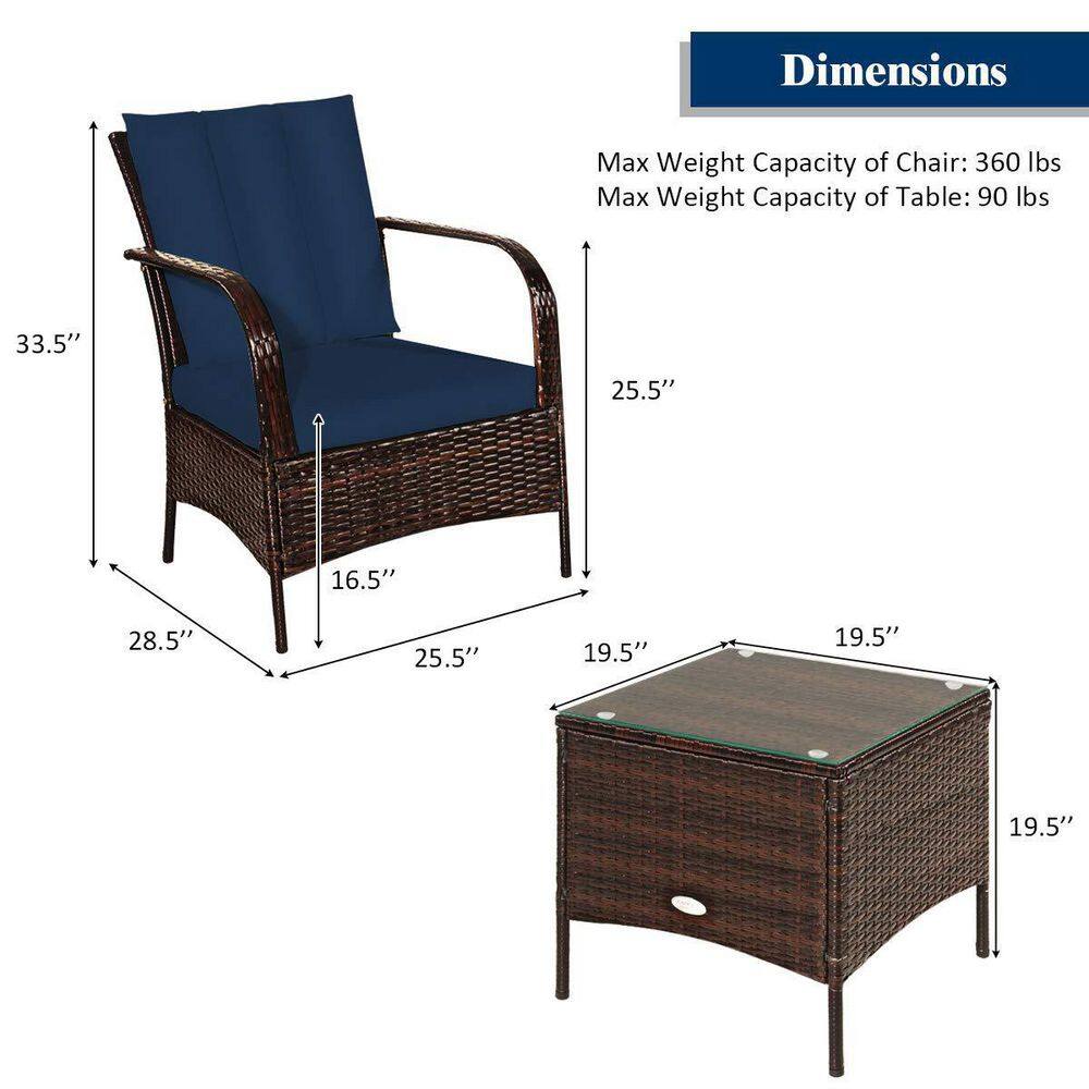 Mix Brown 3-Piece Rattan Wicker Outdoor Furniture Patio Conversation Set with Navy Cushions