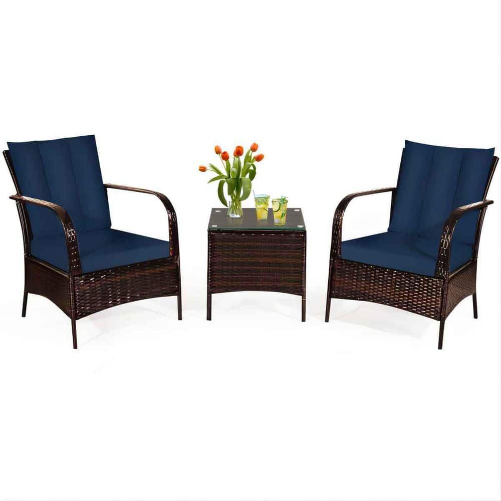 Mix Brown 3-Piece Rattan Wicker Outdoor Furniture Patio Conversation Set with Navy Cushions