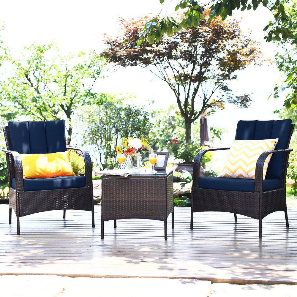 Mix Brown 3-Piece Rattan Wicker Outdoor Furniture Patio Conversation Set with Navy Cushions