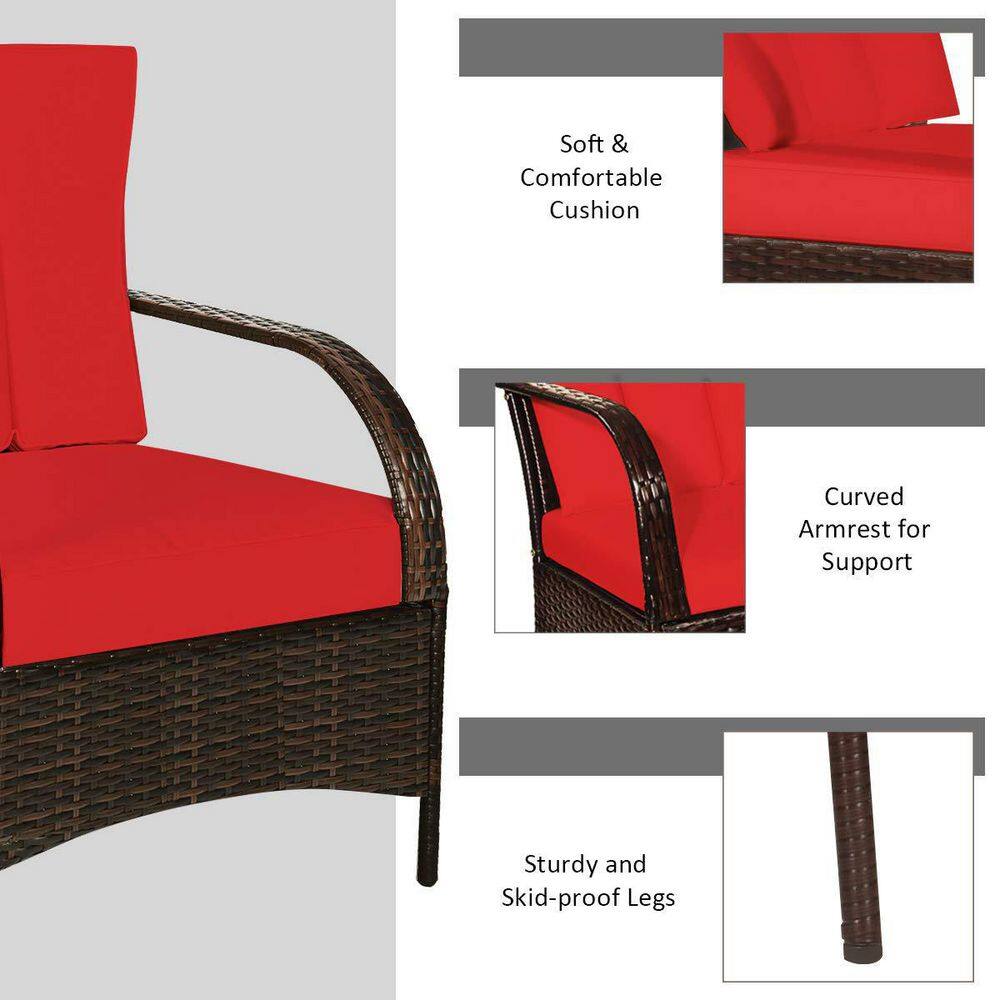 Mix Brown 3-Piece Rattan Wicker Outdoor Furniture Patio Conversation Set with Red Cushions