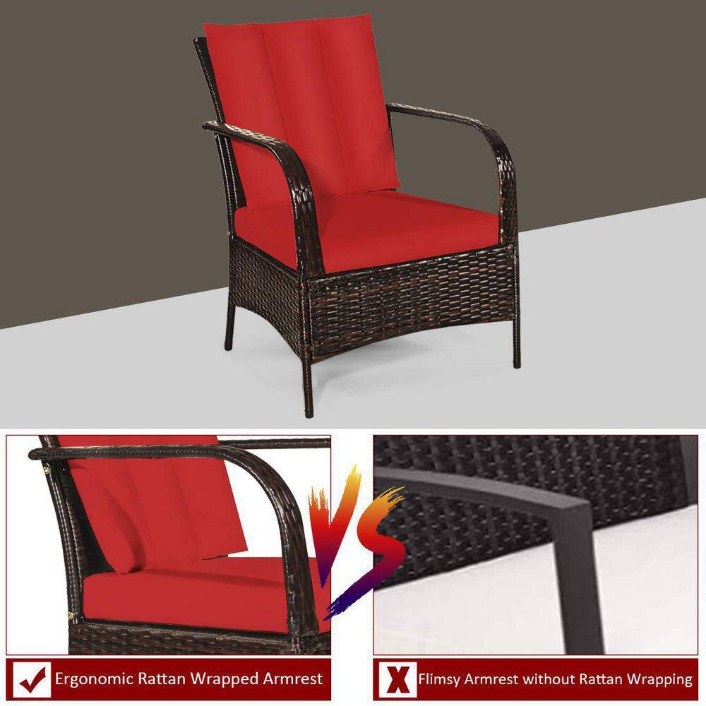 Mix Brown 3-Piece Rattan Wicker Outdoor Furniture Patio Conversation Set with Red Cushions