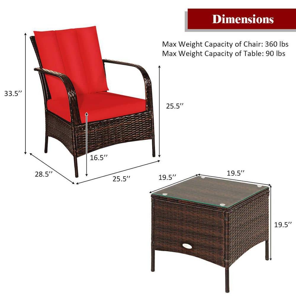 Mix Brown 3-Piece Rattan Wicker Outdoor Furniture Patio Conversation Set with Red Cushions
