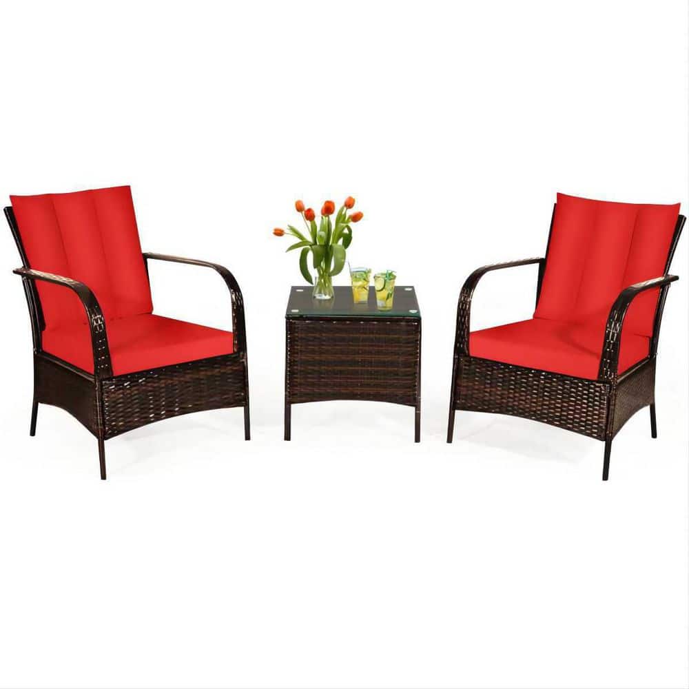 Mix Brown 3-Piece Rattan Wicker Outdoor Furniture Patio Conversation Set with Red Cushions