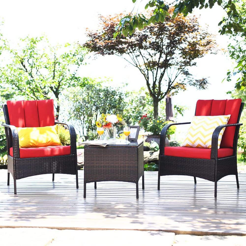 Mix Brown 3-Piece Rattan Wicker Outdoor Furniture Patio Conversation Set with Red Cushions