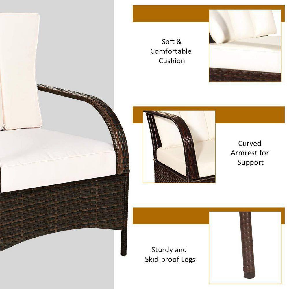 Mix Brown 3-Piece Rattan Wicker Outdoor Furniture Patio Conversation Set with White Cushions