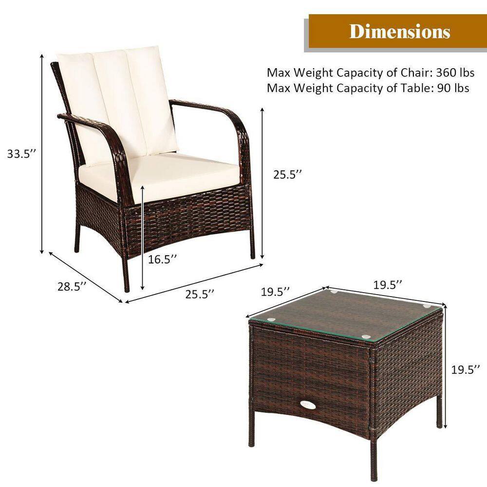 Mix Brown 3-Piece Rattan Wicker Outdoor Furniture Patio Conversation Set with White Cushions
