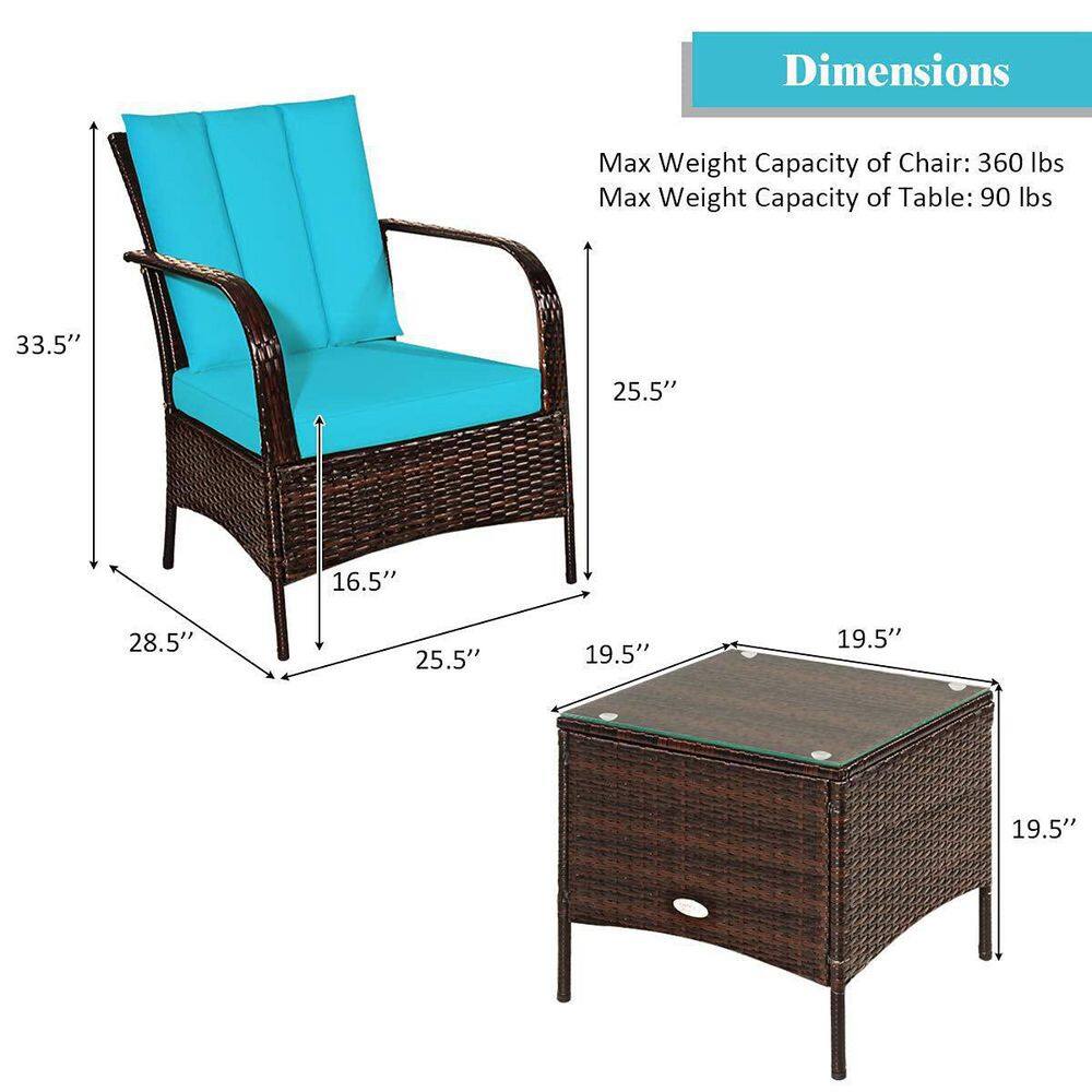 Mix Brown 3-Piece Rattan Wicker Outdoor Furniture Patio Conversation Set with Turquoise Cushions
