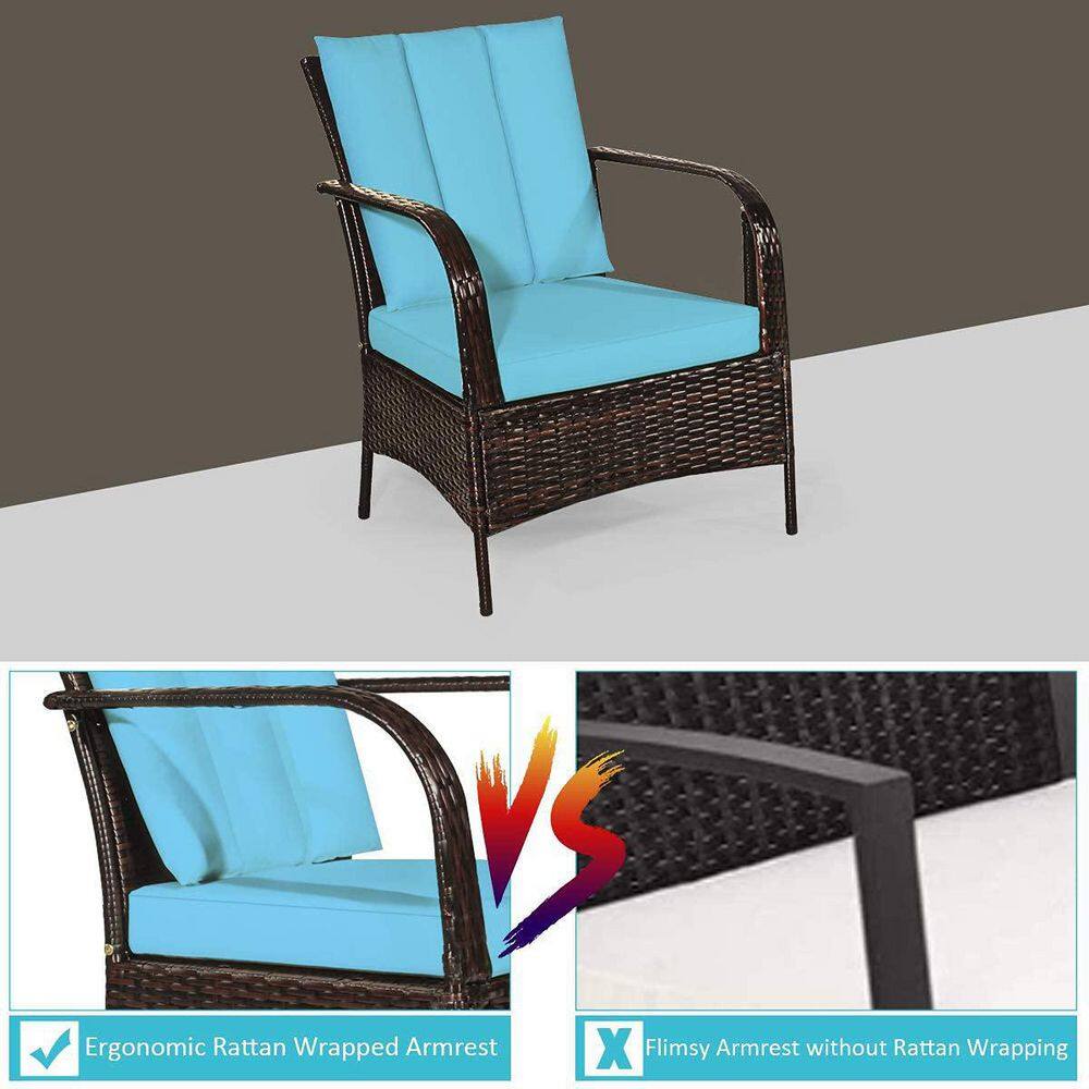 Mix Brown 3-Piece Rattan Wicker Outdoor Furniture Patio Conversation Set with Turquoise Cushions