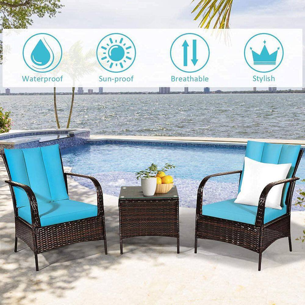 Mix Brown 3-Piece Rattan Wicker Outdoor Furniture Patio Conversation Set with Turquoise Cushions