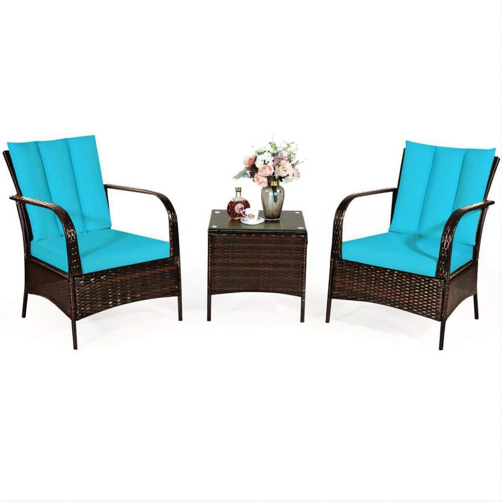 Mix Brown 3-Piece Rattan Wicker Outdoor Furniture Patio Conversation Set with Turquoise Cushions
