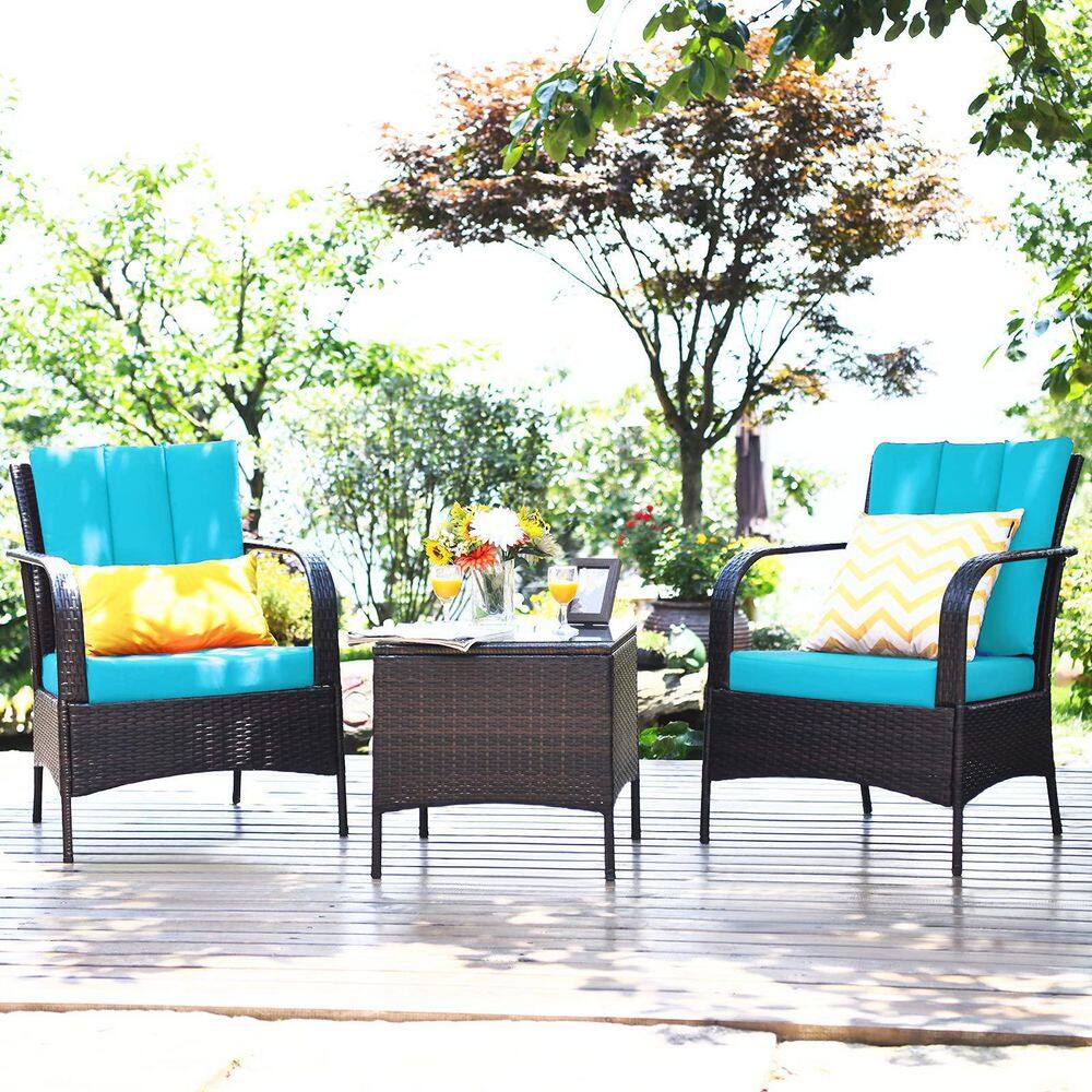 Mix Brown 3-Piece Rattan Wicker Outdoor Furniture Patio Conversation Set with Turquoise Cushions