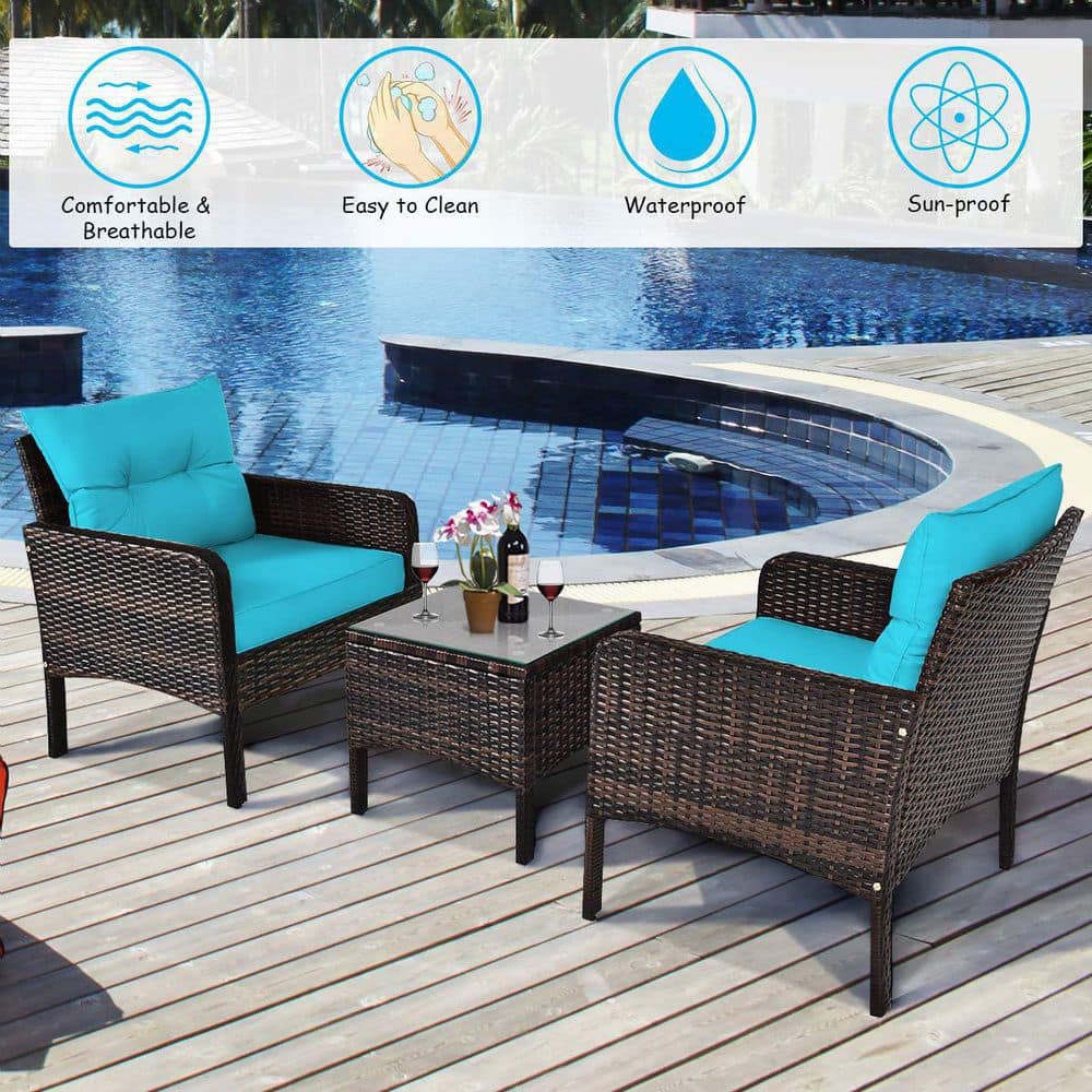 Brown 3-Pieces Wicker Outdoor Patio Conversation Set with Turquoise Cushions