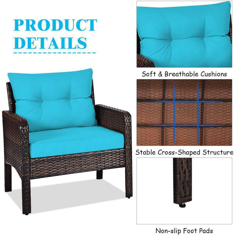 Brown 3-Pieces Wicker Outdoor Patio Conversation Set with Turquoise Cushions