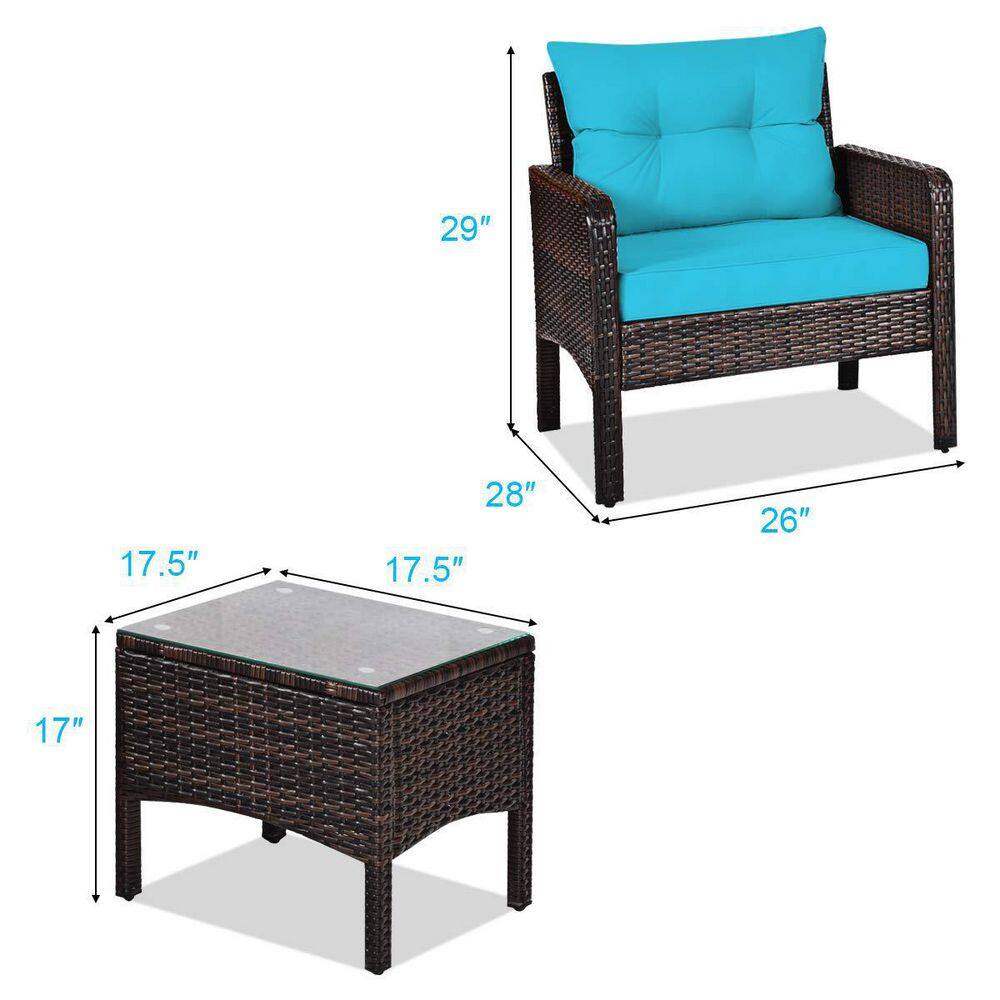 Brown 3-Pieces Wicker Outdoor Patio Conversation Set with Turquoise Cushions