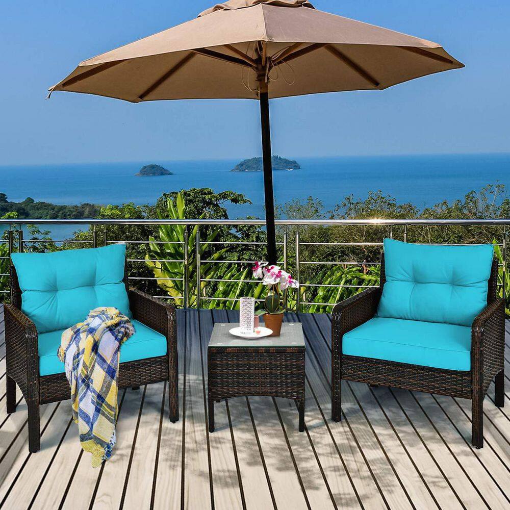 Brown 3-Pieces Wicker Outdoor Patio Conversation Set with Turquoise Cushions