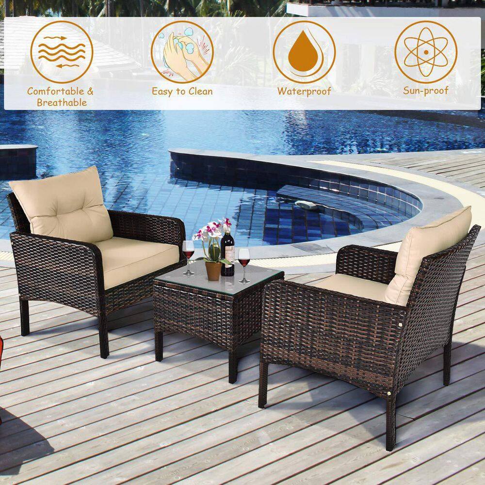 Brown 3-Pieces Wicker Outdoor Patio Conversation Set with Beige Cushions