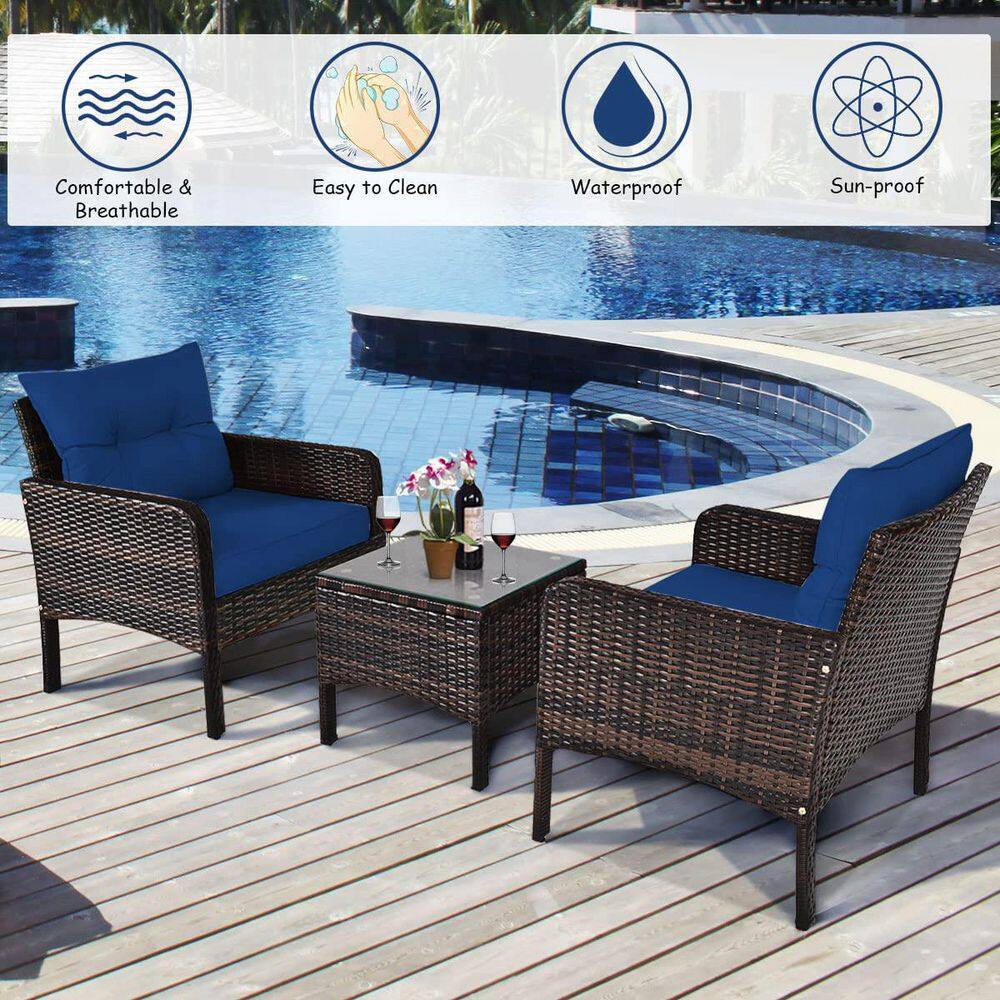 Brown 3-Pieces Wicker Outdoor Patio Conversation Set with Navy Cushions