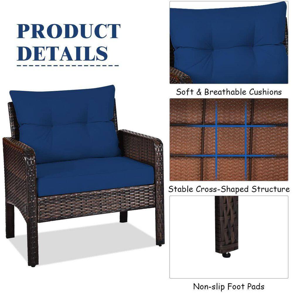 Brown 3-Pieces Wicker Outdoor Patio Conversation Set with Navy Cushions