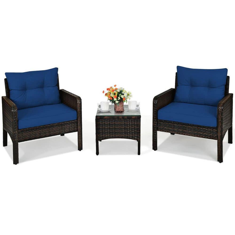 Brown 3-Pieces Wicker Outdoor Patio Conversation Set with Navy Cushions
