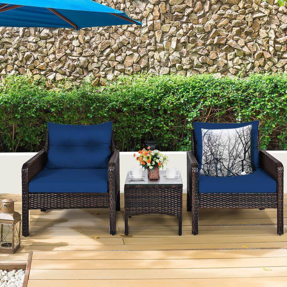 Brown 3-Pieces Wicker Outdoor Patio Conversation Set with Navy Cushions