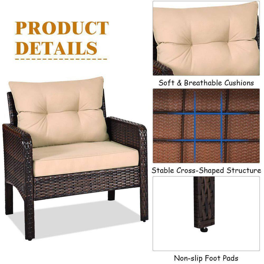 Brown 3-Pieces Wicker Outdoor Patio Conversation Set with Beige Cushions
