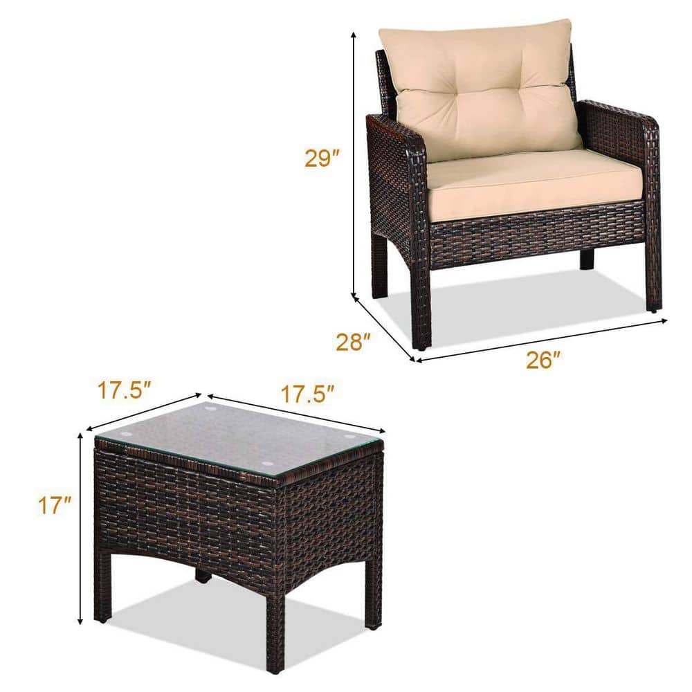 Brown 3-Pieces Wicker Outdoor Patio Conversation Set with Beige Cushions