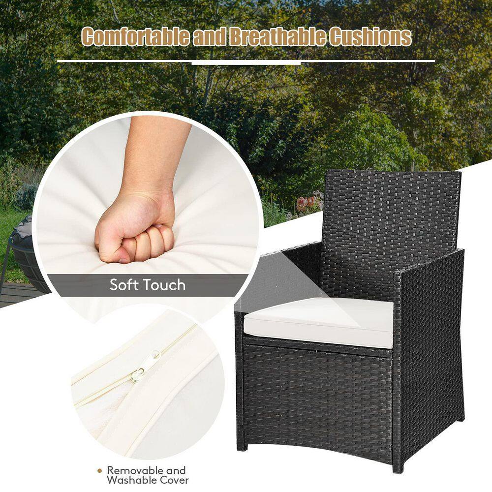 3-Piece Black Wicker Patio Conversation Set with White Cushions and Sofa Armrest