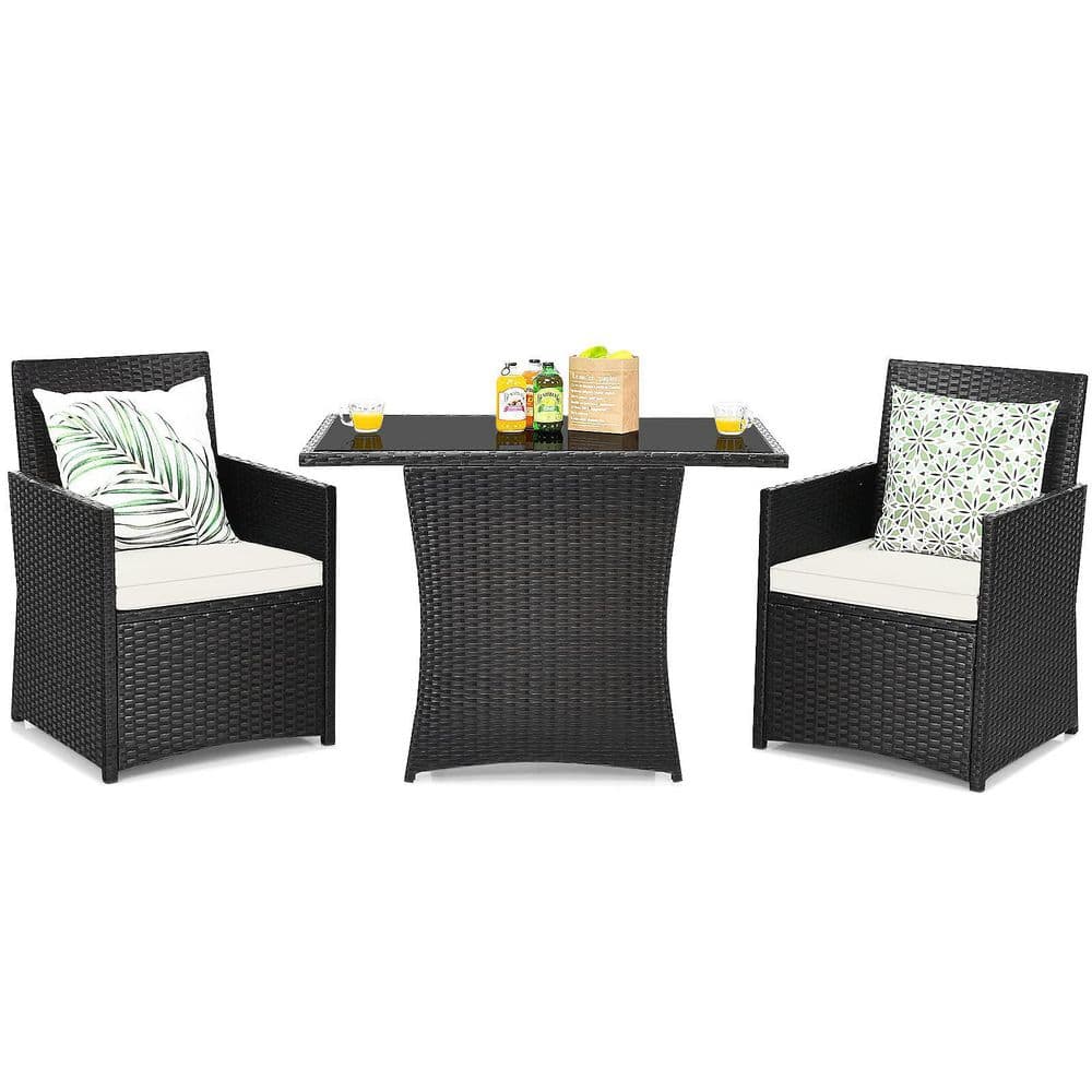 3-Piece Black Wicker Patio Conversation Set with White Cushions and Sofa Armrest