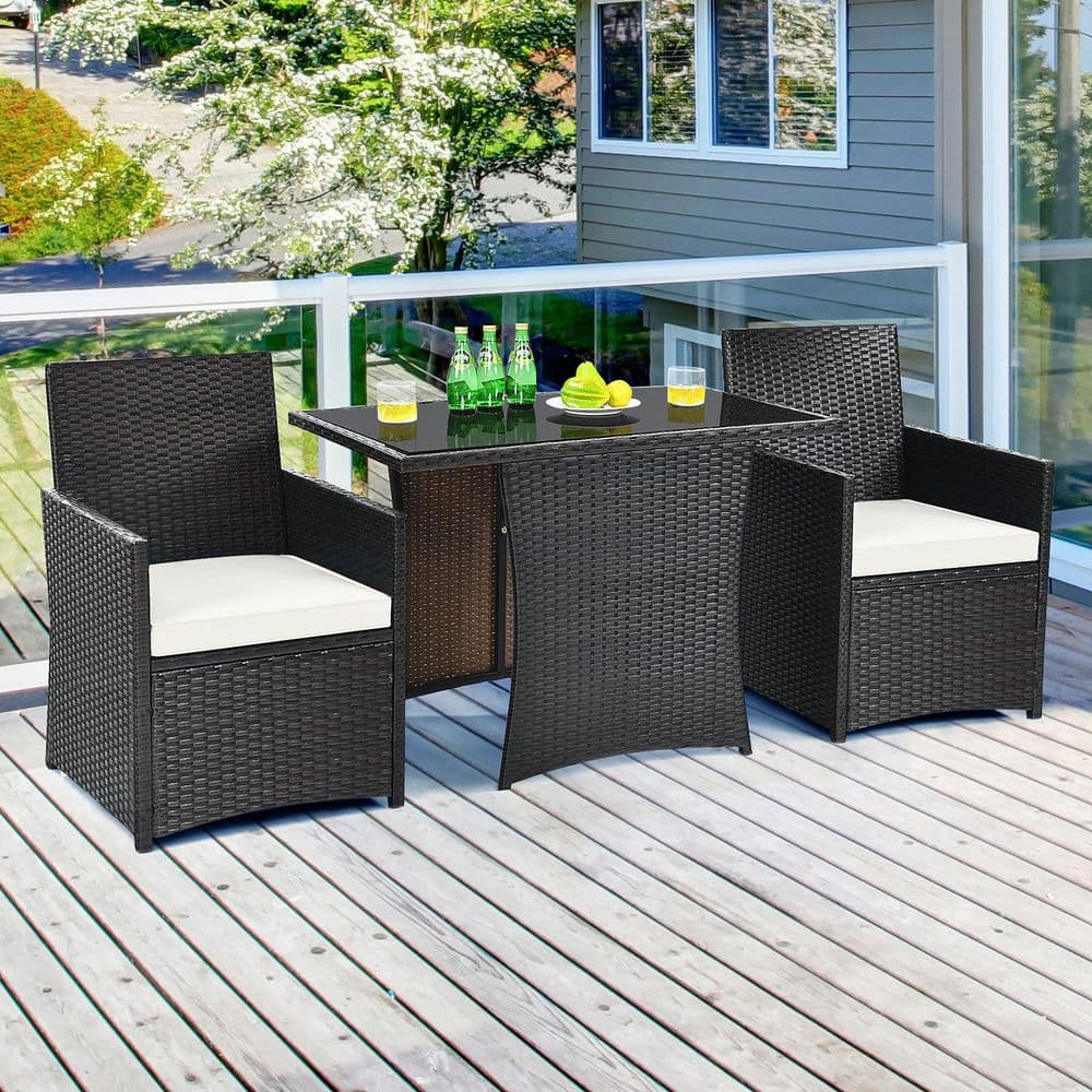 3-Piece Black Wicker Patio Conversation Set with White Cushions and Sofa Armrest
