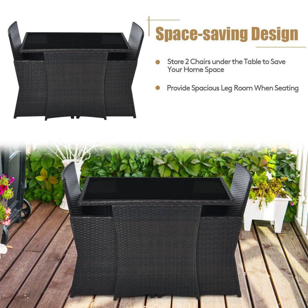 3-Piece Black Wicker Patio Conversation Set with Turquoise Cushions and Sofa Armrest